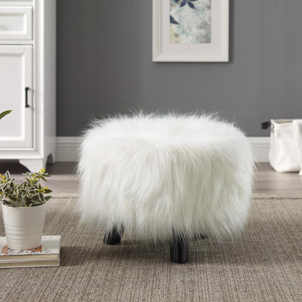 White Faux Fur Foot Stool (16 Inches Wide)