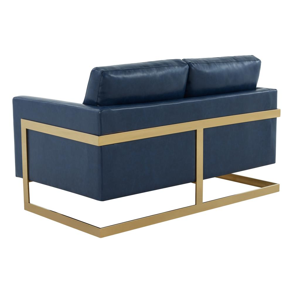 LeisureMod Lincoln Modern Mid-Century Upholstered Leather Loveseat with Gold Frame, Navy Blue