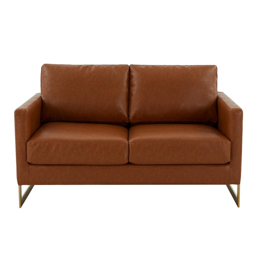 LeisureMod Lincoln Modern Mid-Century Upholstered Leather Loveseat with Gold Frame, Cognac Tan