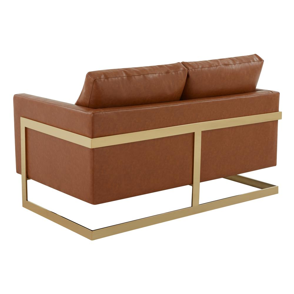 LeisureMod Lincoln Modern Mid-Century Upholstered Leather Loveseat with Gold Frame, Cognac Tan