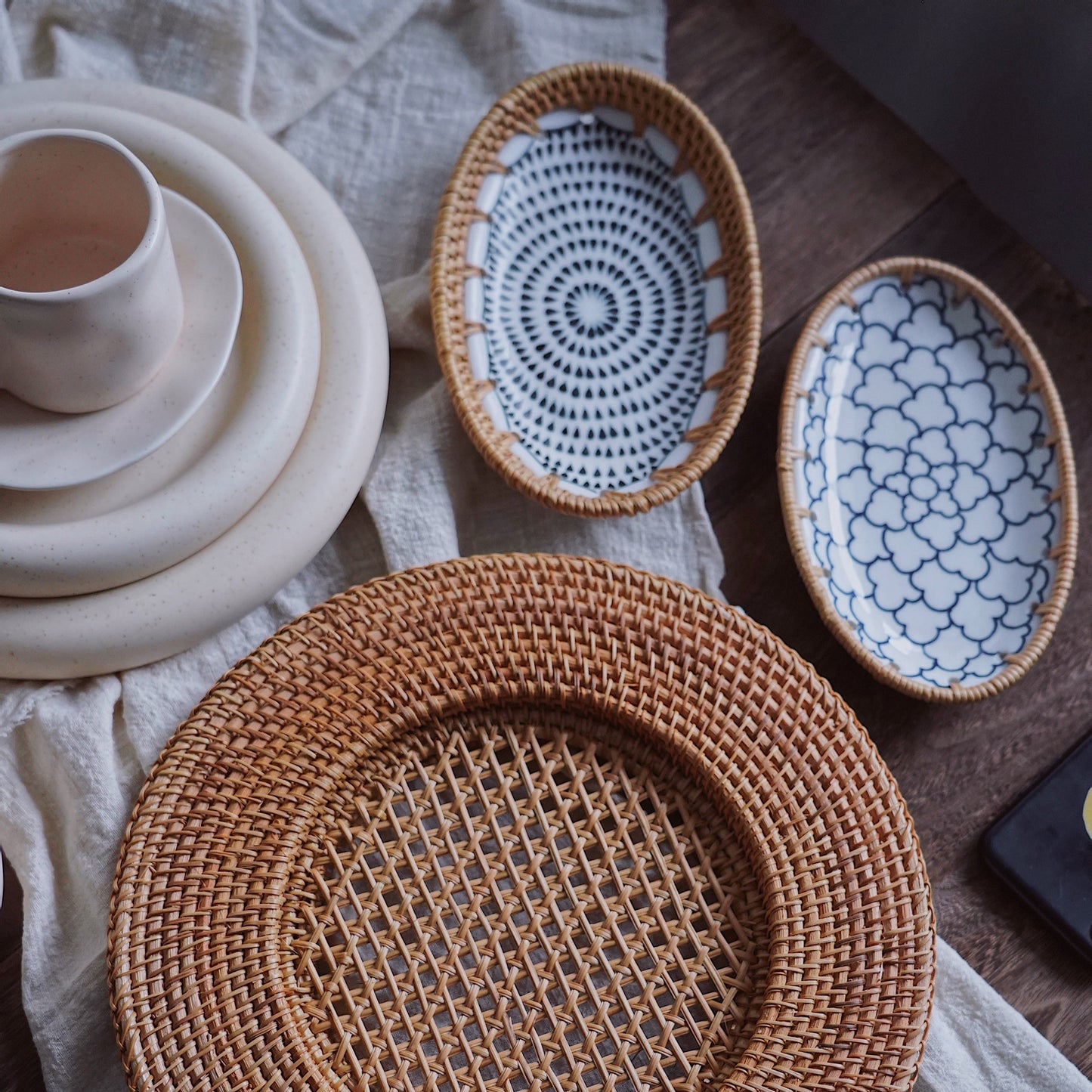 Woven Rattan and Porcelain Combo Plates