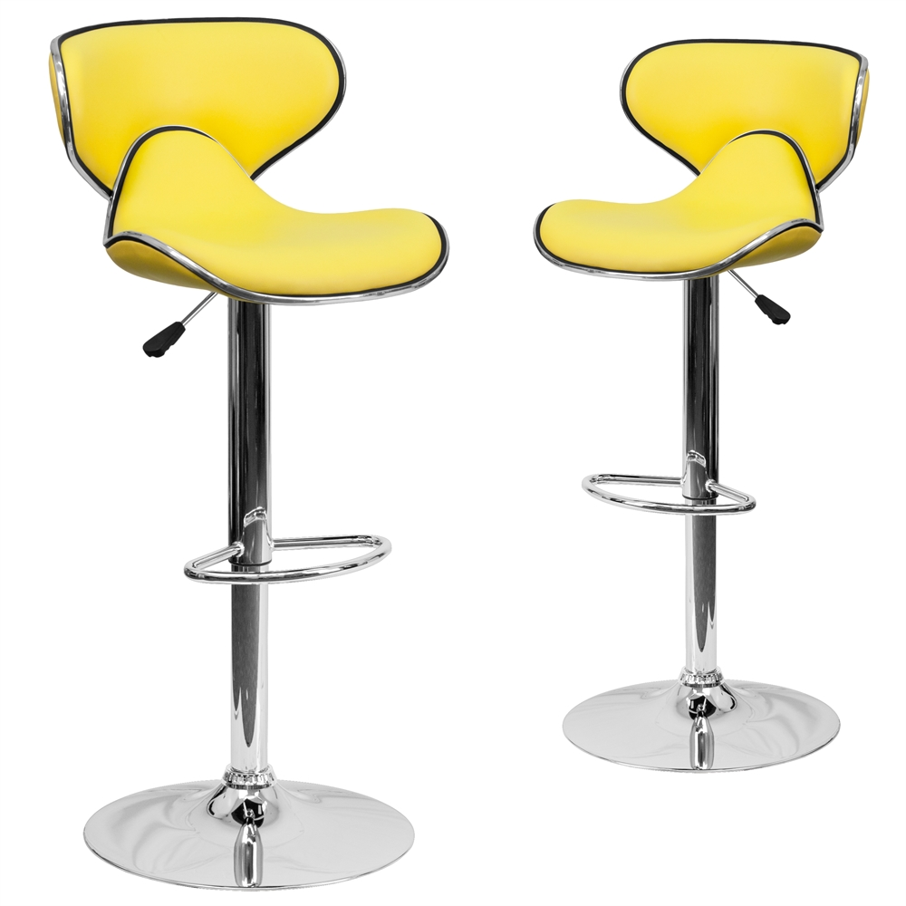 2 Pk. Contemporary Cozy Mid-Back Yellow Vinyl Adjustable Height Barstool with Chrome Base