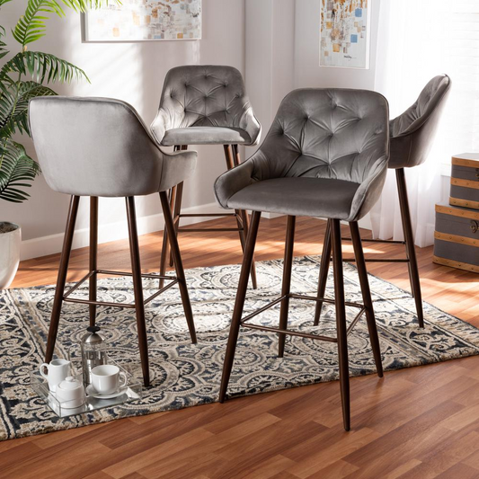 Grey Velvet Fabric Upholstered and Walnut Finished 4-Piece Bar Stool Set