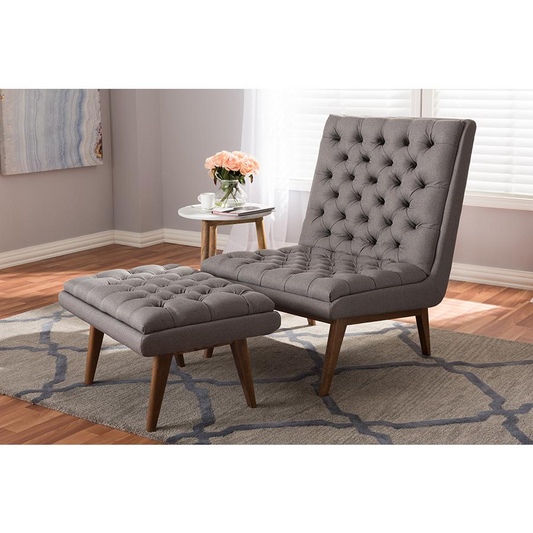 Grey Fabric Upholstered Walnut Finished Wood Chair And Ottoman Set