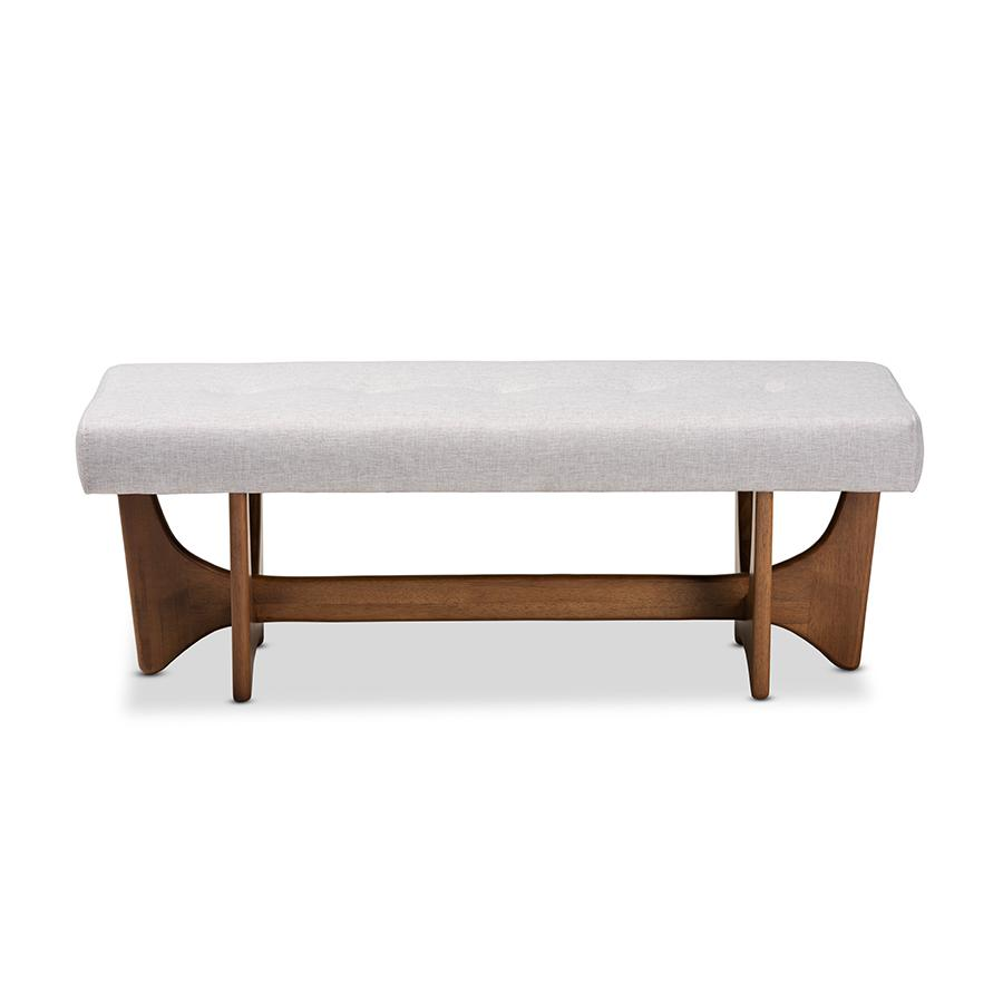 Theo Mid-Century Modern Greyish Beige Fabric Upholstered Walnut Finished Bench