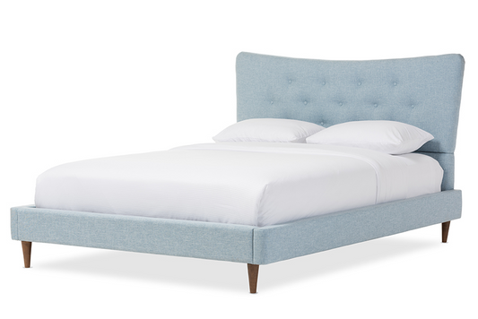 Hannah Mid-Century Modern Sky Blue King Size Fabric Platform Bed Light Blue