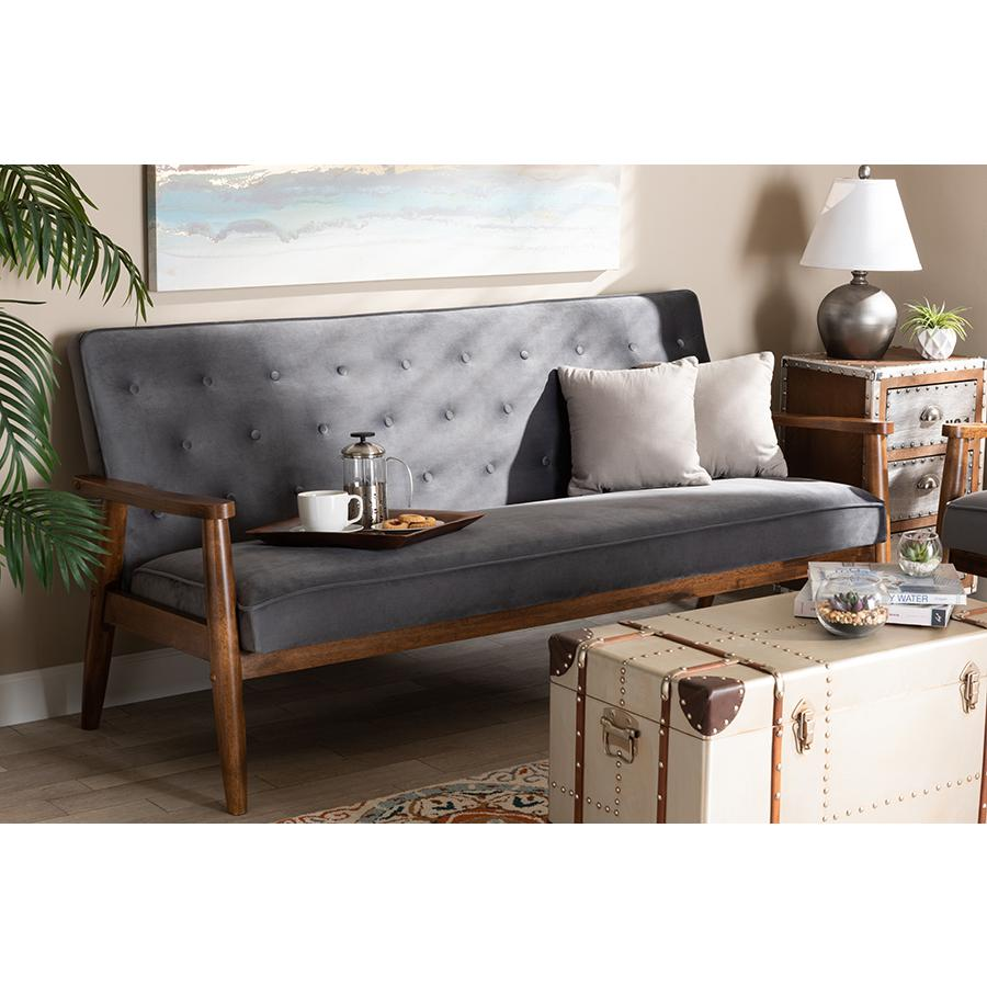 Baxton Studio Sorrento Mid-century Modern Grey Velvet Fabric Upholstered Walnut Finished Wooden 3-seater Sofa