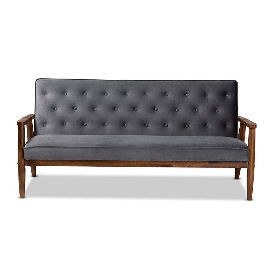 Baxton Studio Sorrento Mid-century Modern Grey Velvet Fabric Upholstered Walnut Finished Wooden 3-seater Sofa