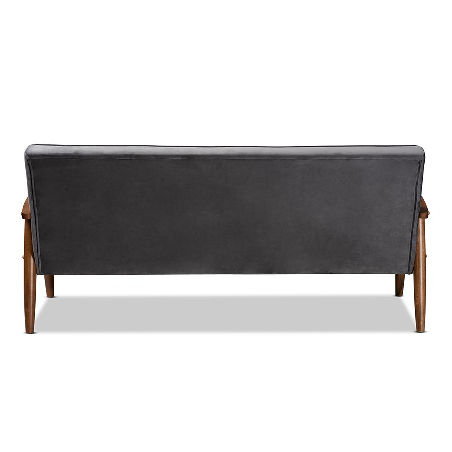 Baxton Studio Sorrento Mid-century Modern Grey Velvet Fabric Upholstered Walnut Finished Wooden 3-seater Sofa