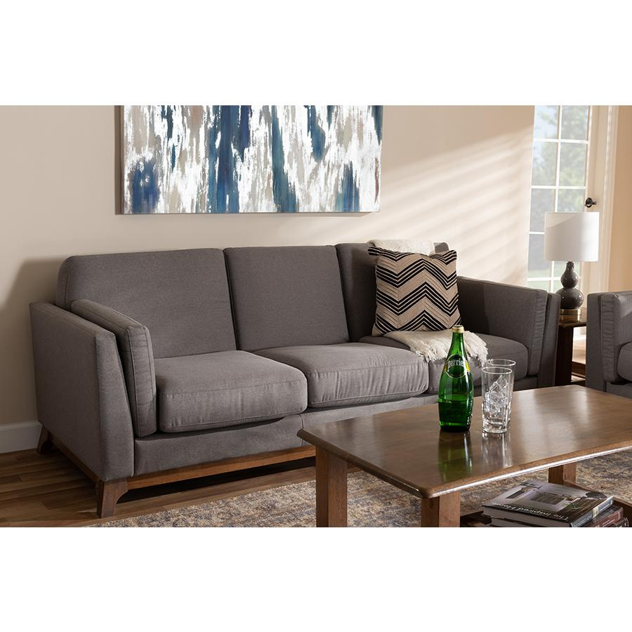 Sava Mid-Century Modern Grey Fabric Upholstered Walnut Wood 3-Seater Sofa