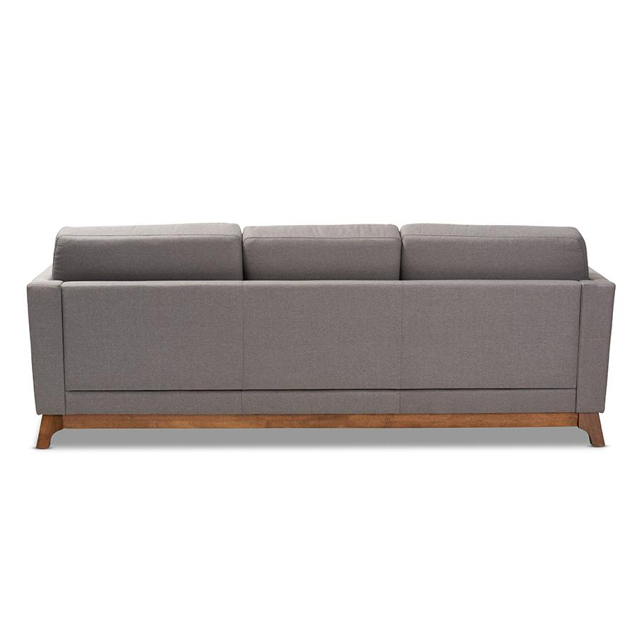 Sava Mid-Century Modern Grey Fabric Upholstered Walnut Wood 3-Seater Sofa