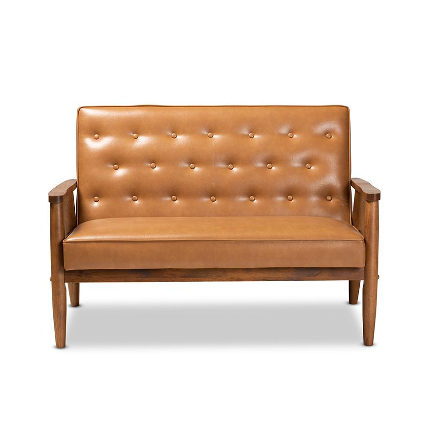 Leather Upholstered and Walnut Brown Finished Wood Loveseat