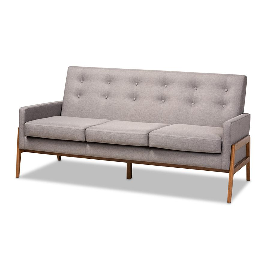 Baxton Studio Perris Mid-Century Modern Light Grey Fabric Upholstered Walnut Finished Wood Sofa