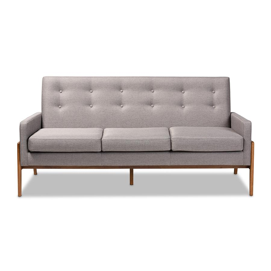 Baxton Studio Perris Mid-Century Modern Light Grey Fabric Upholstered Walnut Finished Wood Sofa