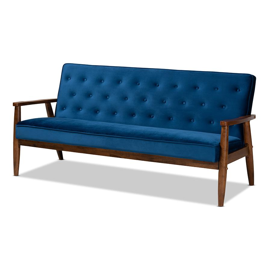 Navy Blue Velvet Fabric Upholstered Walnut Finished Wooden 3-seater Sofa