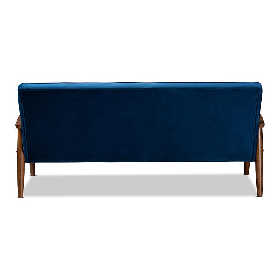 Navy Blue Velvet Fabric Upholstered Walnut Finished Wooden 3-seater Sofa