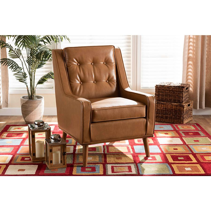 Tan Faux Leather Upholstered and Walnut Brown Finished Wood Lounge Armchair