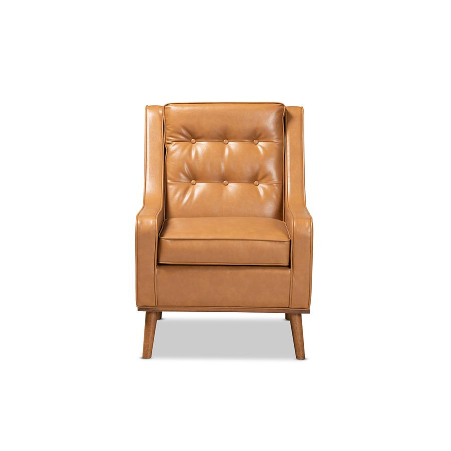 Tan Faux Leather Upholstered and Walnut Brown Finished Wood Lounge Armchair