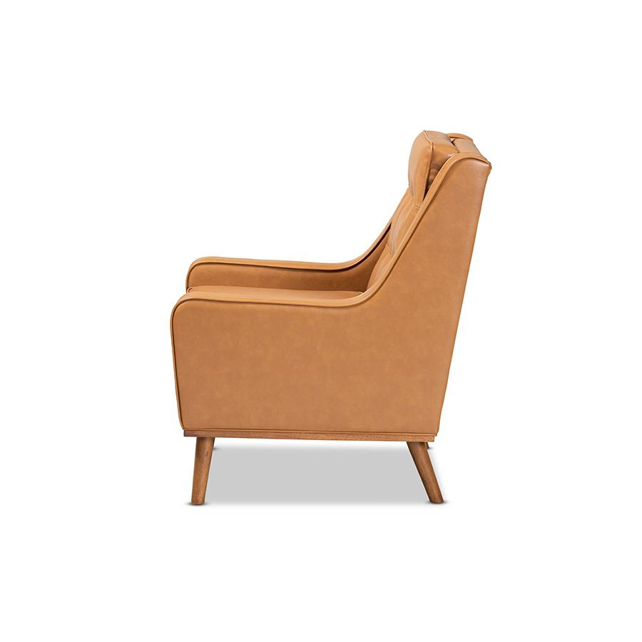 Tan Faux Leather Upholstered and Walnut Brown Finished Wood Lounge Armchair