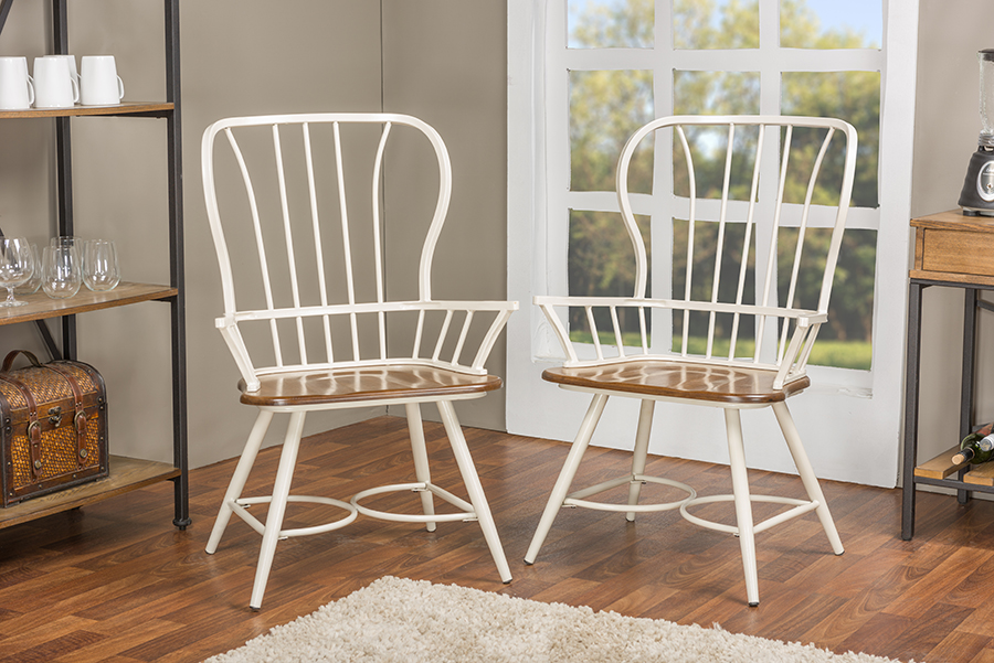 Wood and White Metal Vintage Industrial Dining Arm Chair (Set of 2)