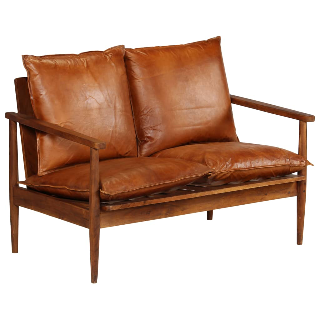 vidaXL 2-Seater Sofa Real Leather with Acacia Wood Brown