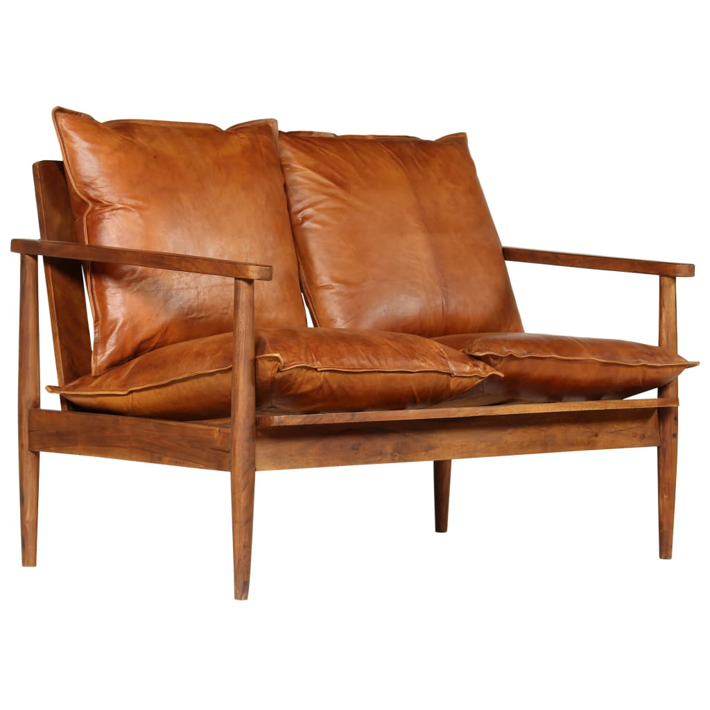 vidaXL 2-Seater Sofa Real Leather with Acacia Wood Brown