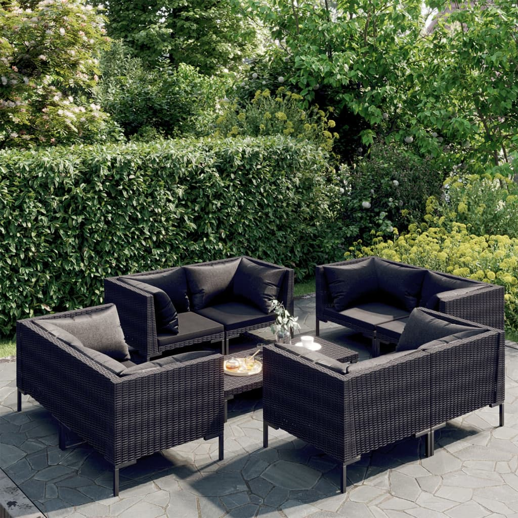 vidaXL 9 Piece Patio Lounge Set with Cushions Poly Rattan Dark Gray