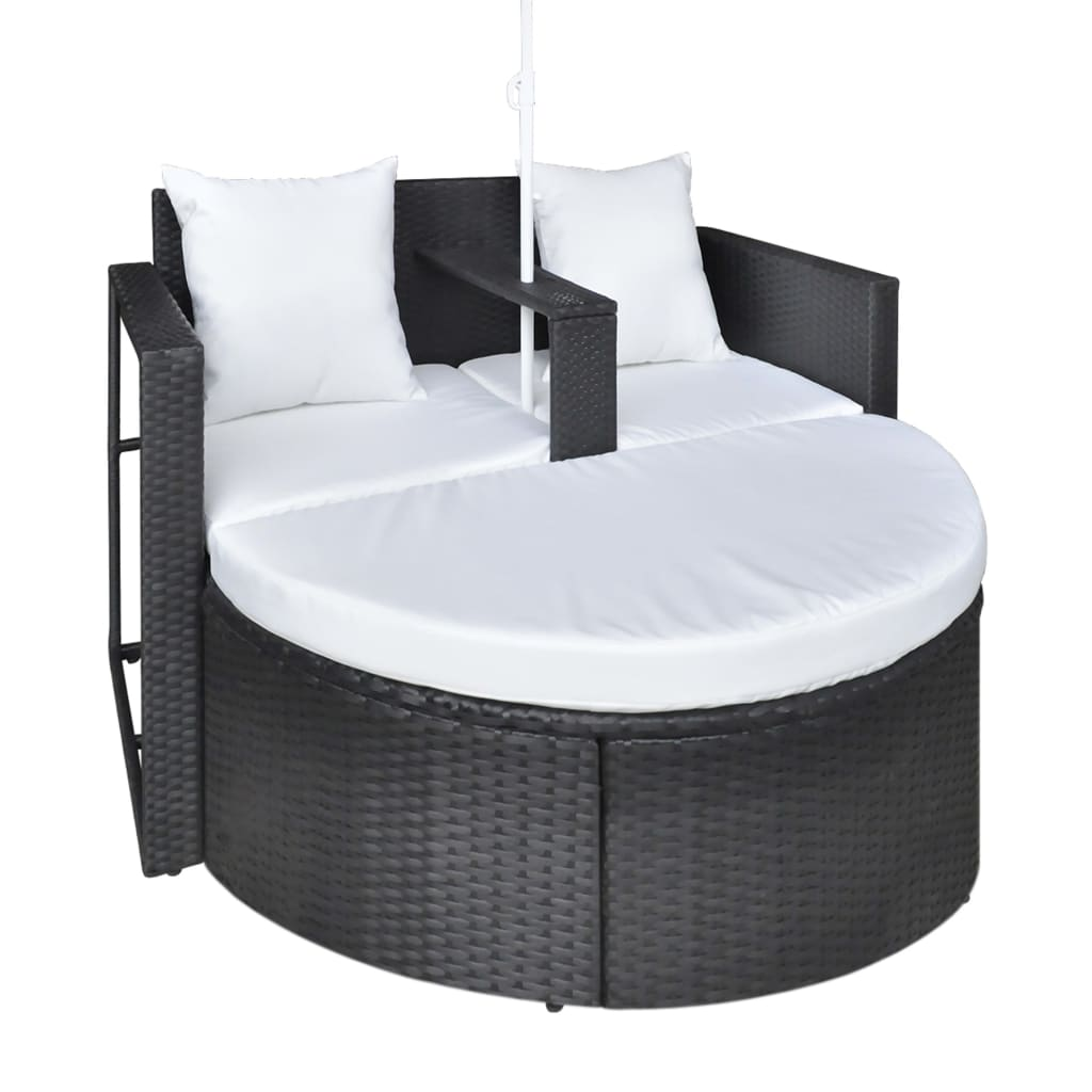 vidaXL Patio Bed with Parasol Black Poly Rattan