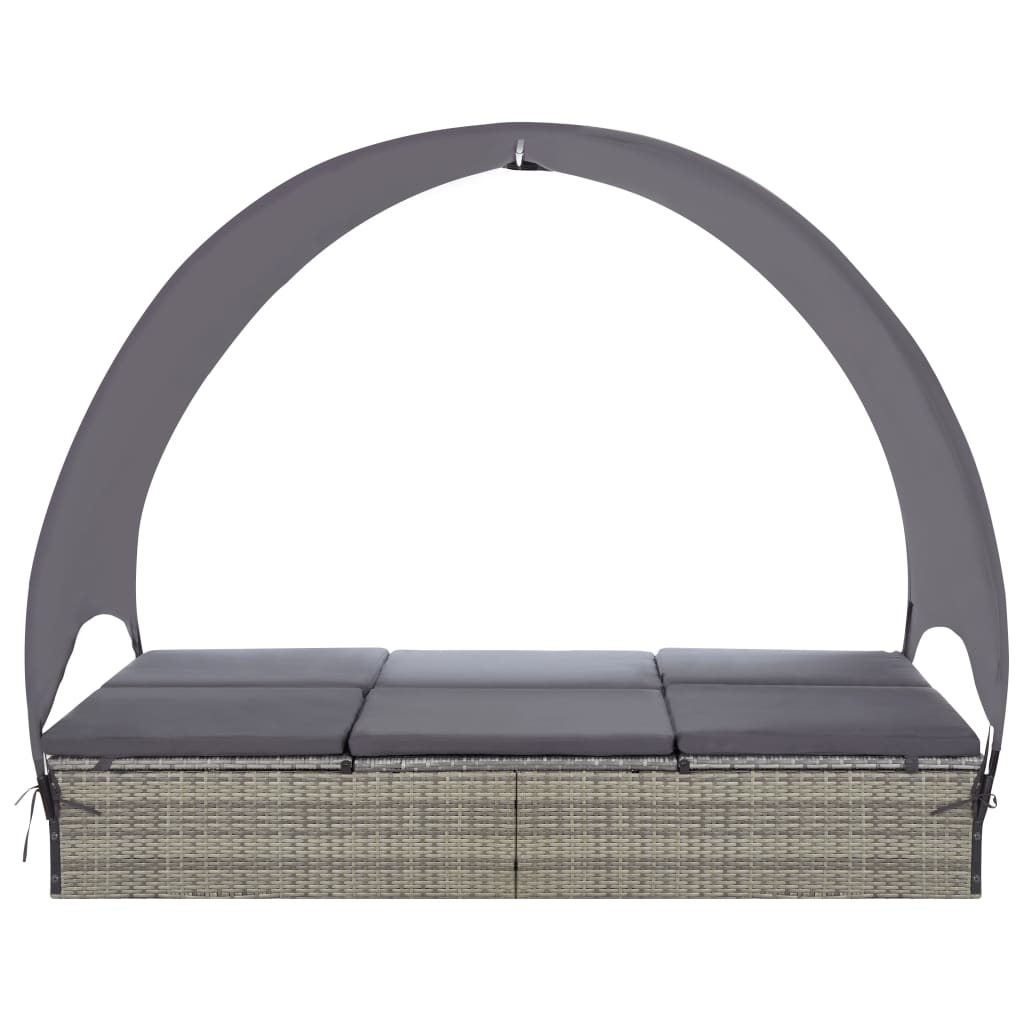 vidaXL Double Sun Lounger with Canopy Poly Rattan Gray