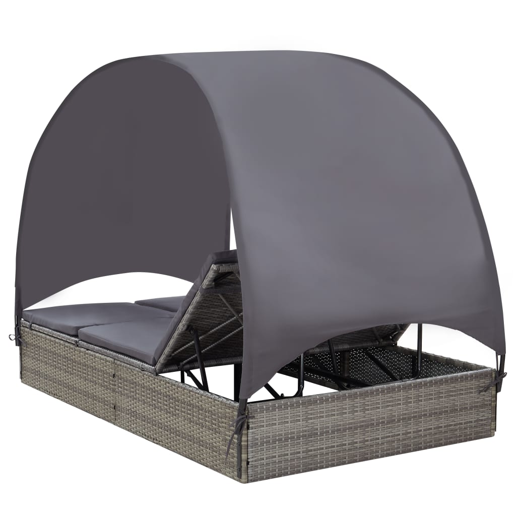 vidaXL Double Sun Lounger with Canopy Poly Rattan Gray