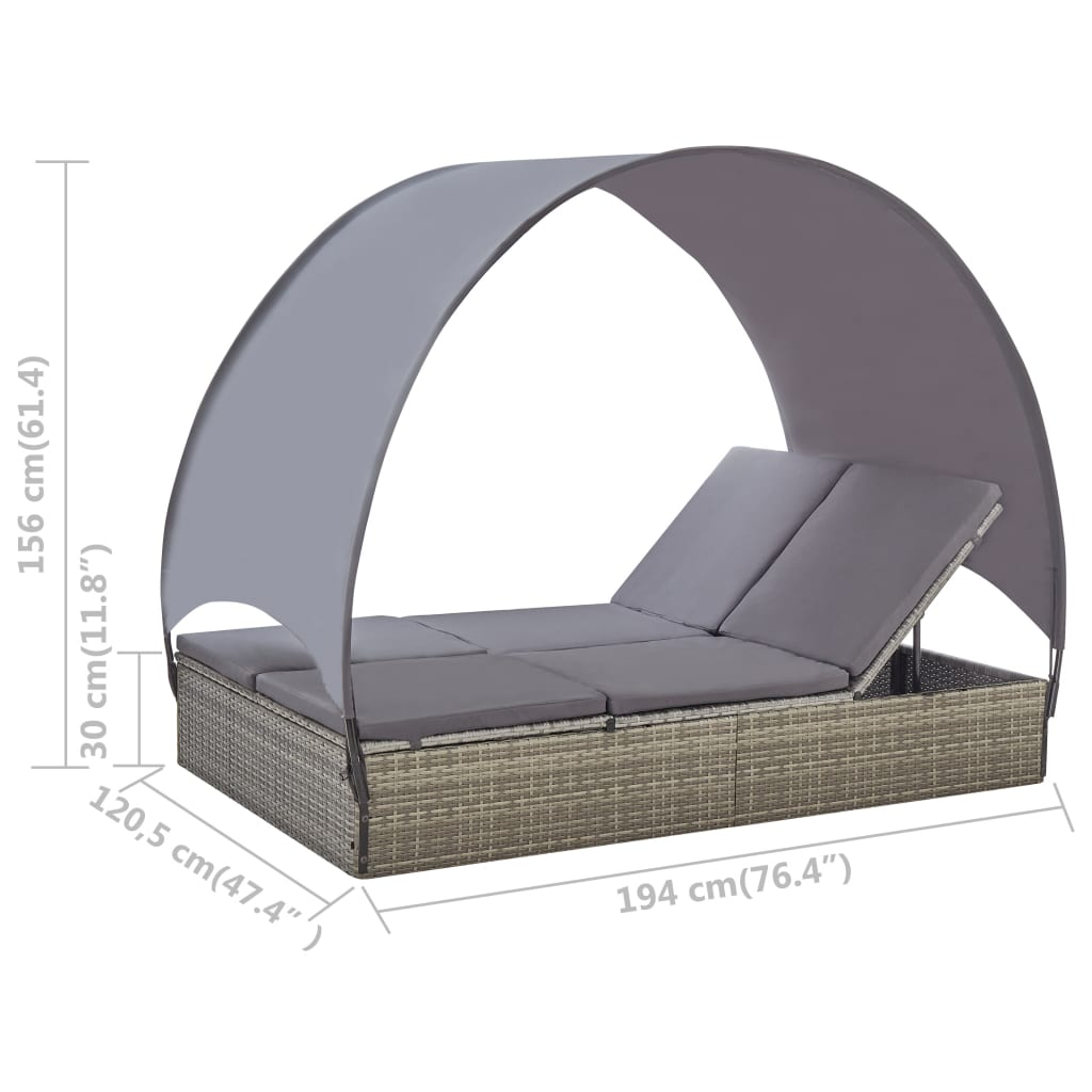 vidaXL Double Sun Lounger with Canopy Poly Rattan Gray