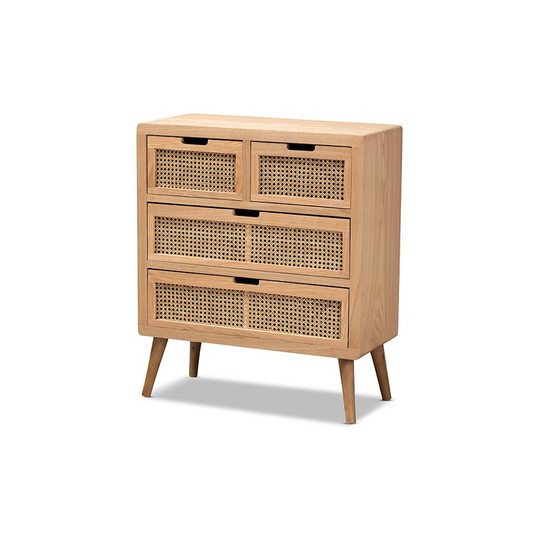 Alina Mid-Century Modern Medium Oak Finished Wood and Rattan 4-Drawer Accent Storage Cabinet