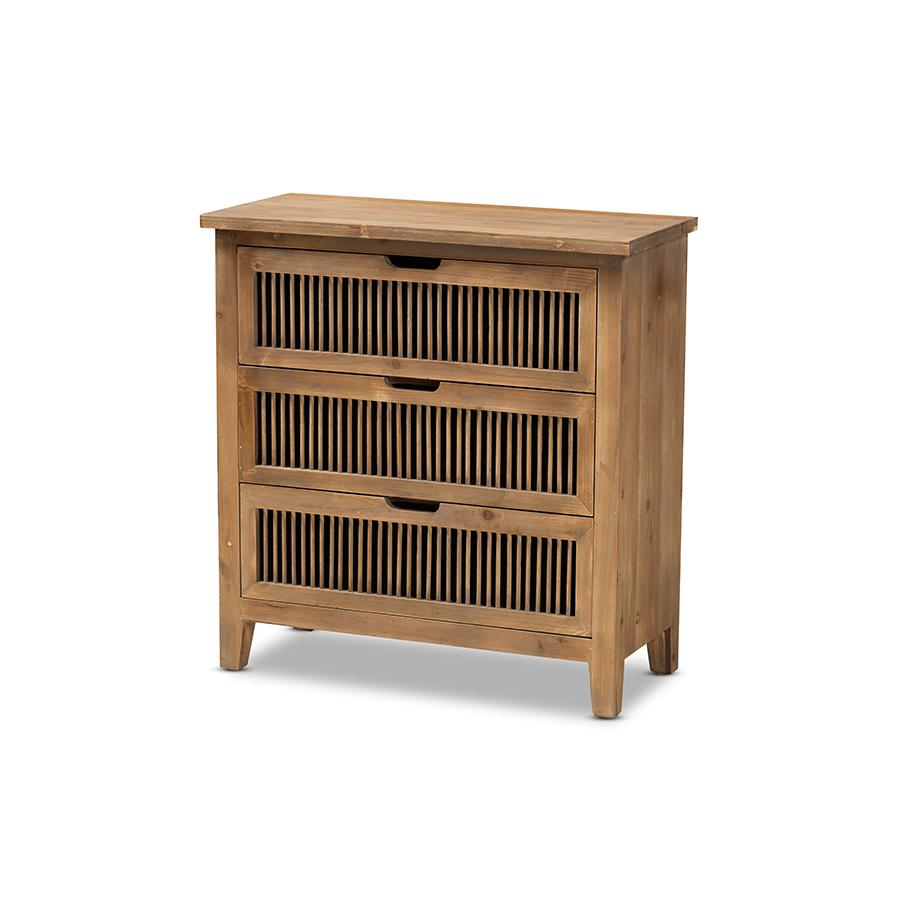 Transitional Medium Oak Finished 3-Drawer Wood Spindle Storage Cabinet