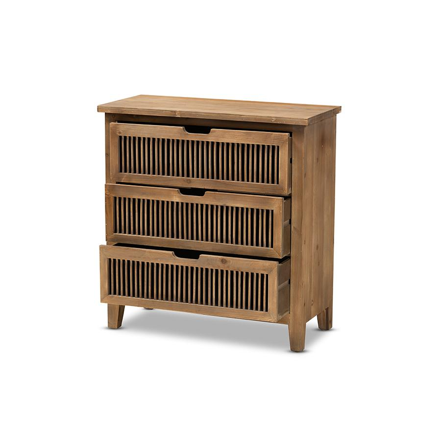 Transitional Medium Oak Finished 3-Drawer Wood Spindle Storage Cabinet