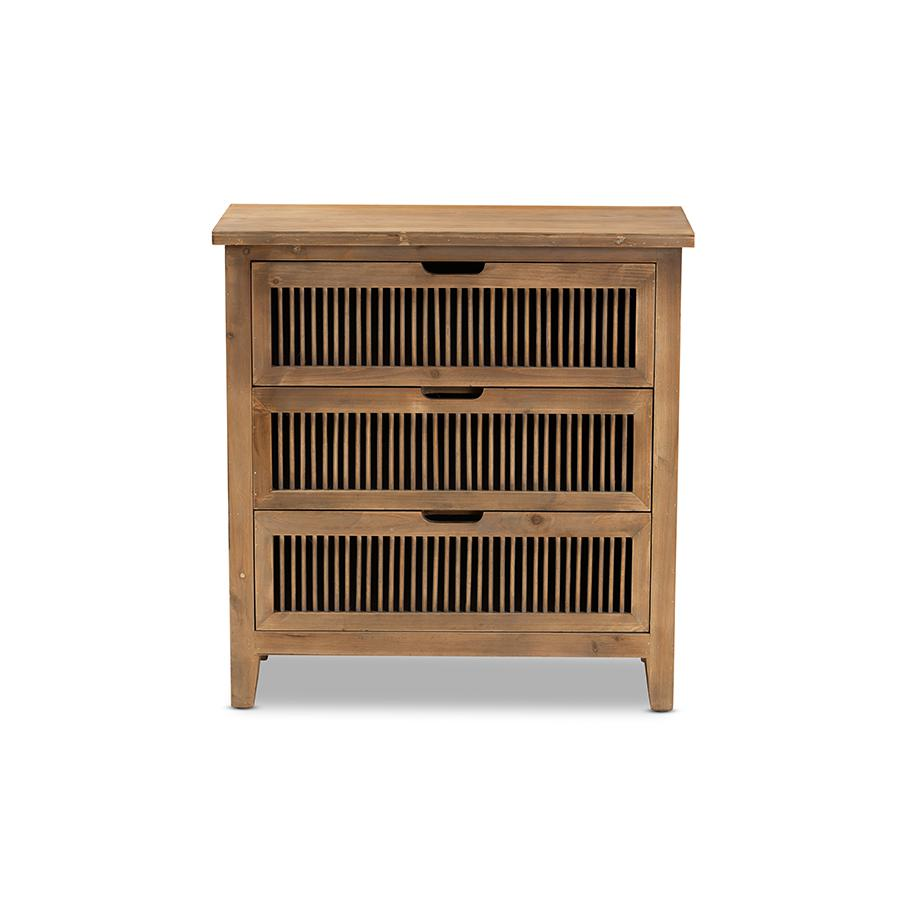 Transitional Medium Oak Finished 3-Drawer Wood Spindle Storage Cabinet