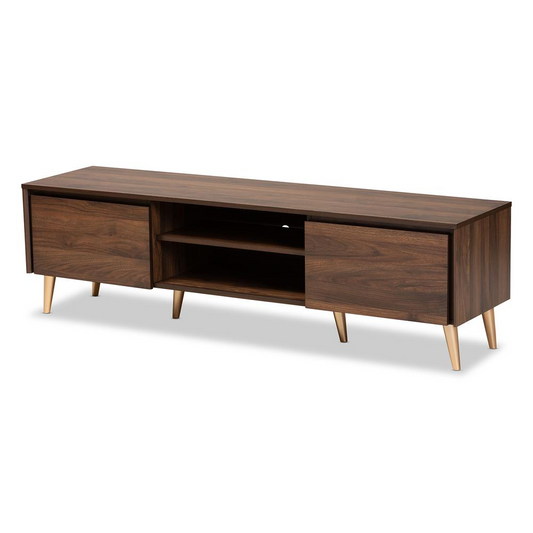 Landen Mid-Century Modern Walnut Brown and Gold Finished Wood TV Stand