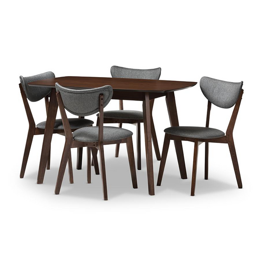 Walnut-Finished Dark Grey Fabric Upholstered 5-Piece Dining Set