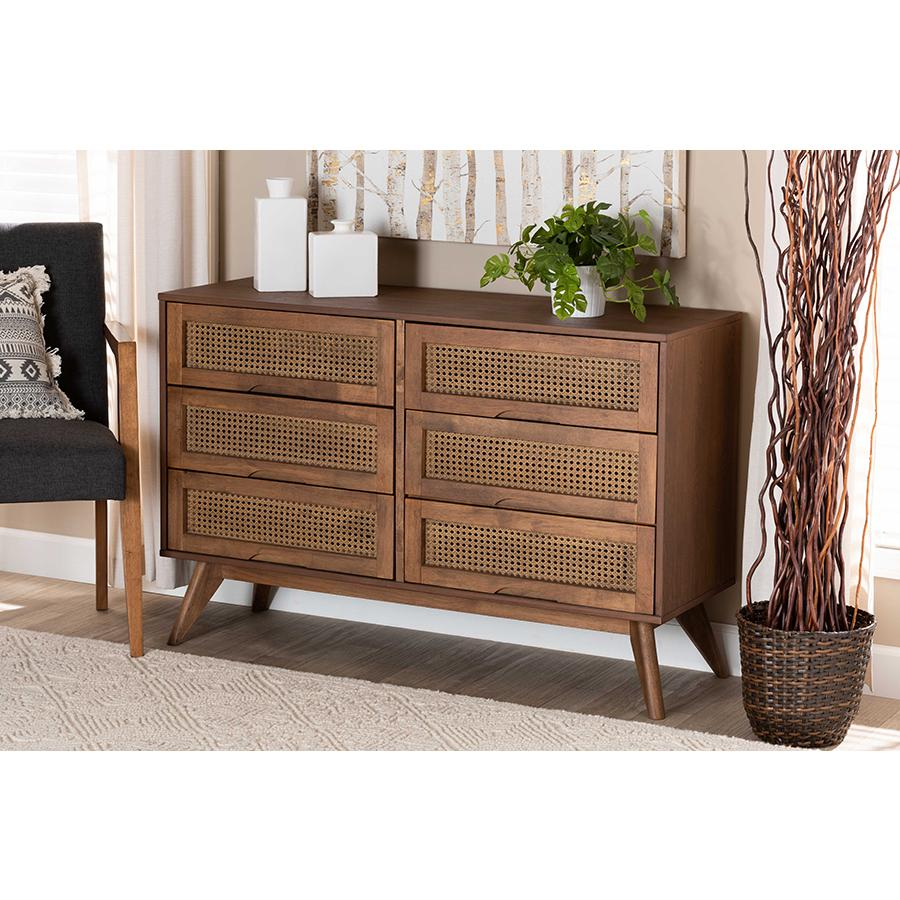 Modern Walnut Brown Finished Wood and Synthetic Rattan 6-Drawer Dresser