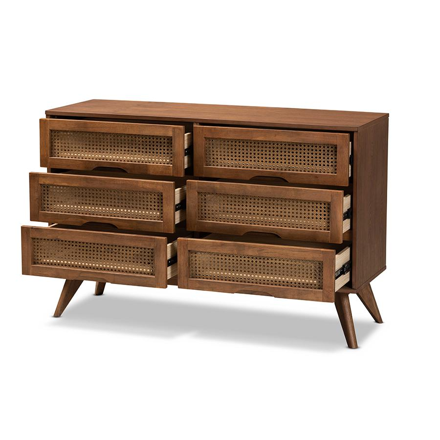 Modern Walnut Brown Finished Wood and Synthetic Rattan 6-Drawer Dresser