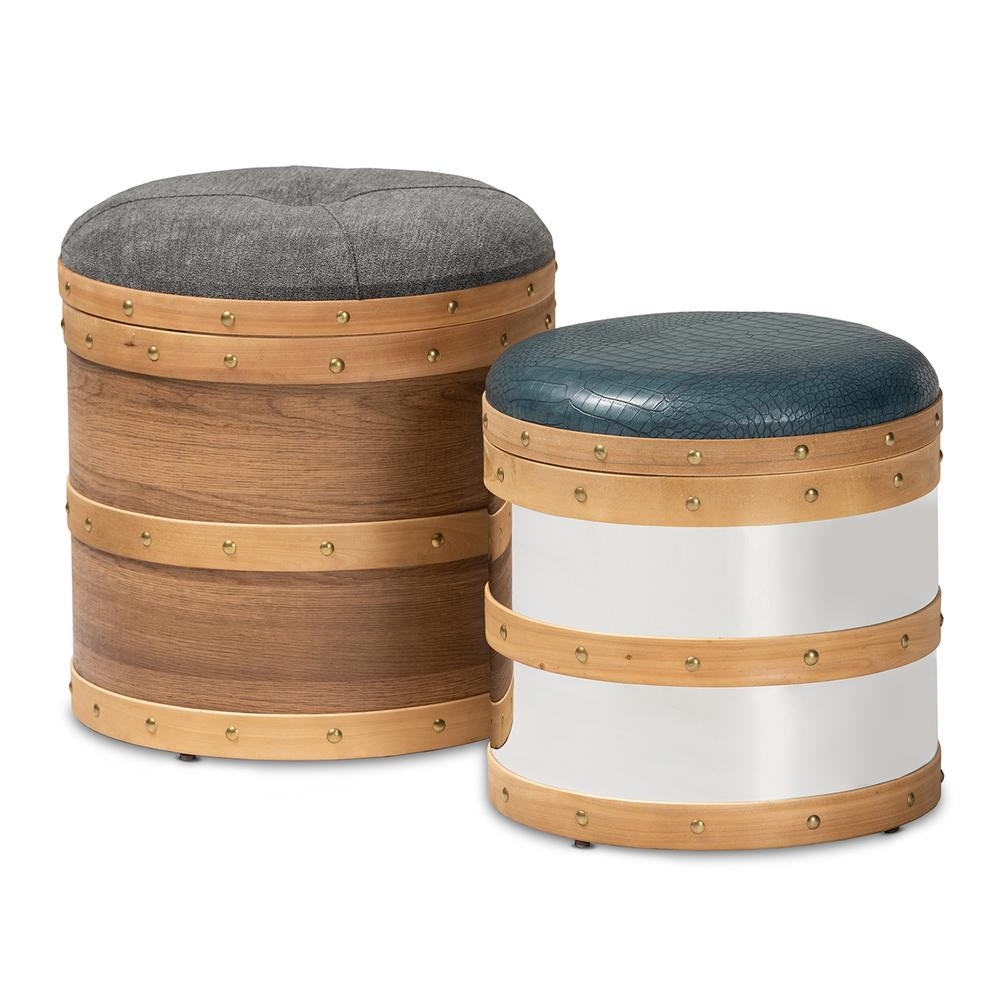 Caleb Modern and Contemporary Glam Grey Fabric and Blue Alligator Faux Leather Upholstered 2-Piece Wood and Metal Storage Ottoman Set