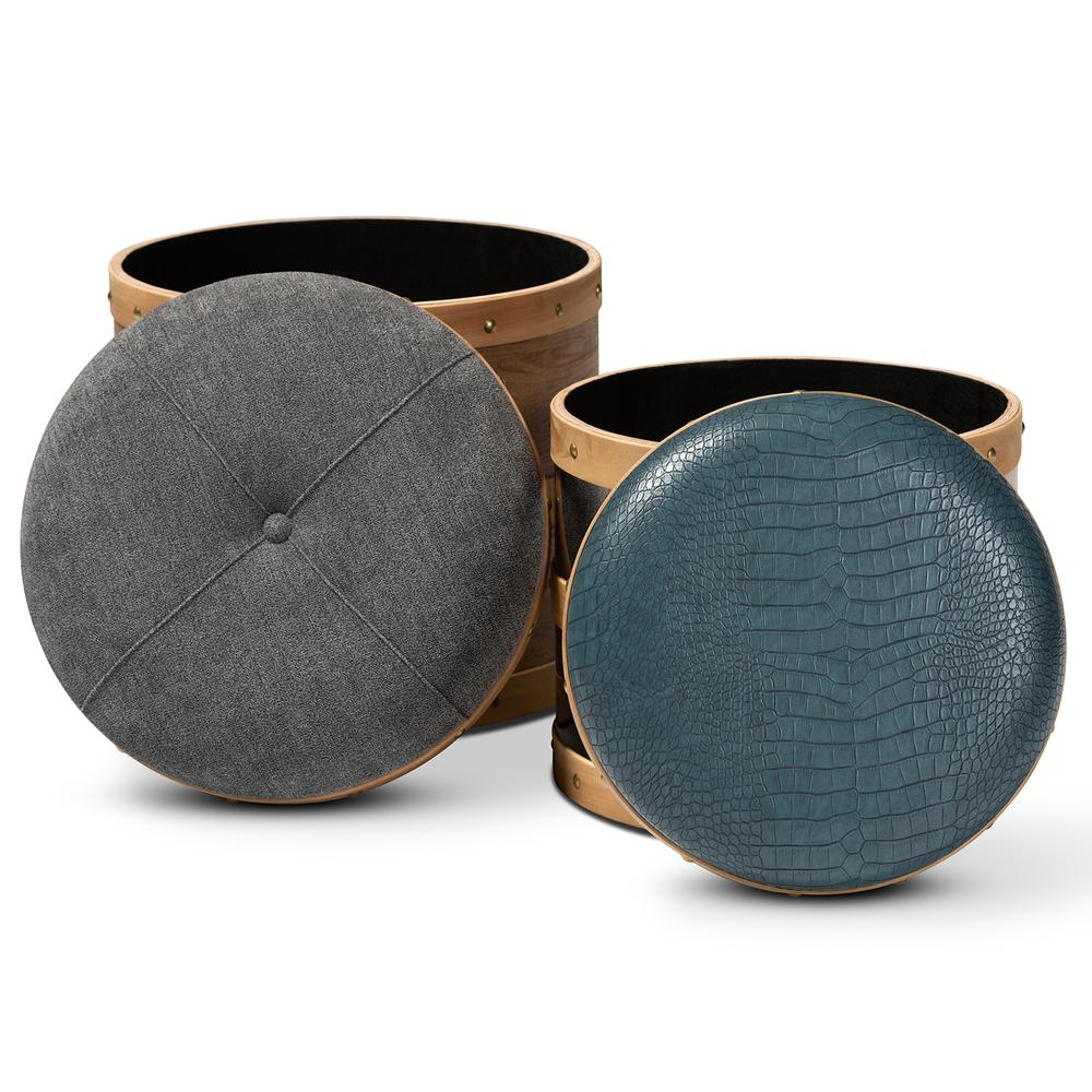 Caleb Modern and Contemporary Glam Grey Fabric and Blue Alligator Faux Leather Upholstered 2-Piece Wood and Metal Storage Ottoman Set