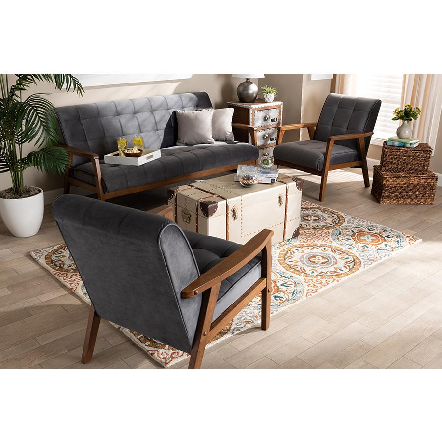 Grey Velvet Fabric Upholstered Walnut Finished Wood 3-Piece Living Room Set