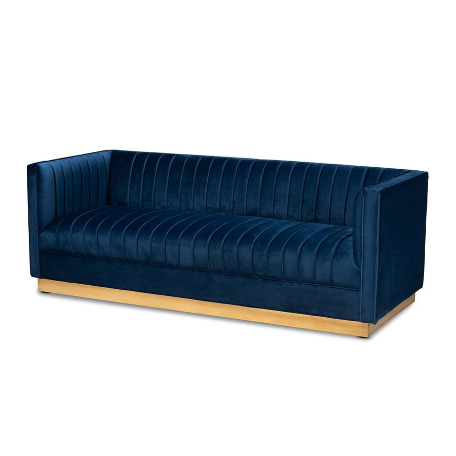 Vanderbilt Luxe Navy Blue Velvet Fabric Upholstered Brushed Gold Finished Sofa