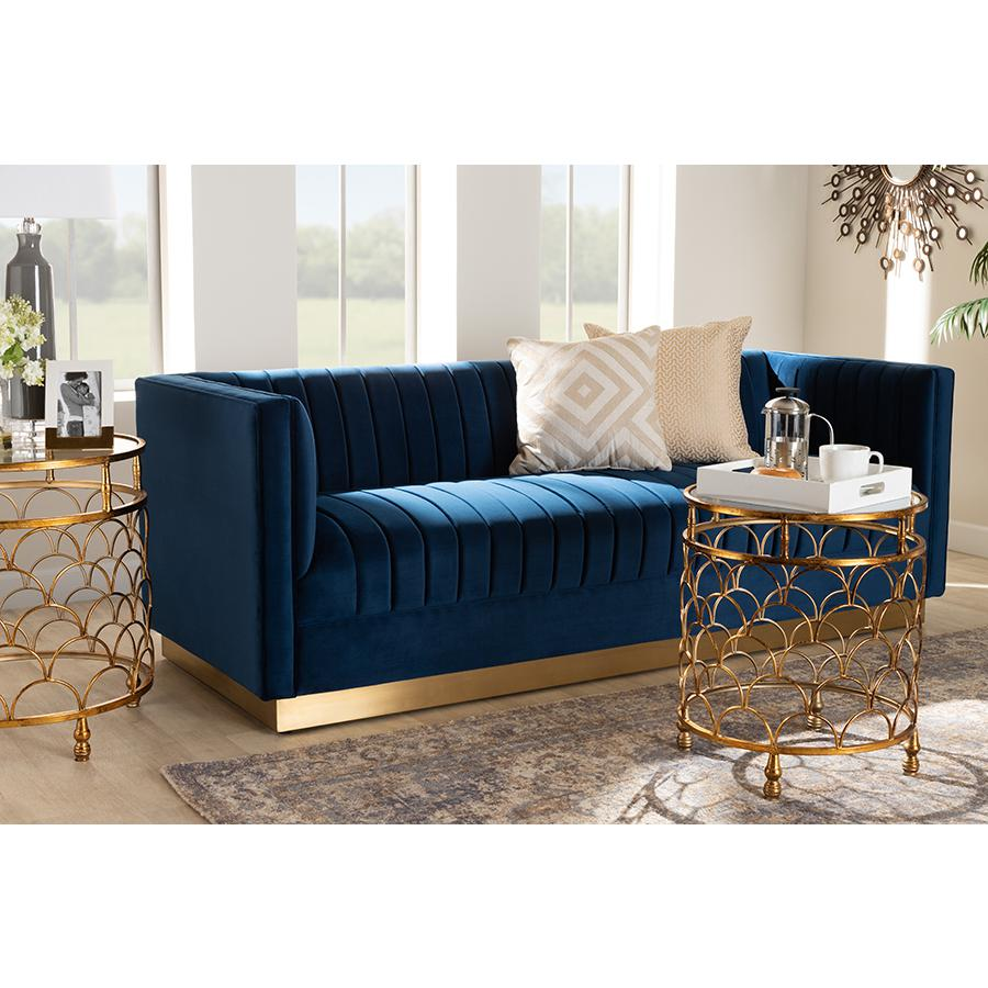 Vanderbilt Luxe Navy Blue Velvet Fabric Upholstered Brushed Gold Finished Sofa