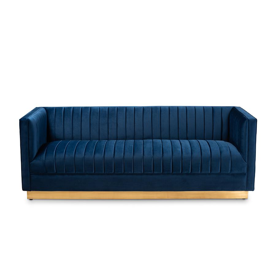 Vanderbilt Luxe Navy Blue Velvet Fabric Upholstered Brushed Gold Finished Sofa