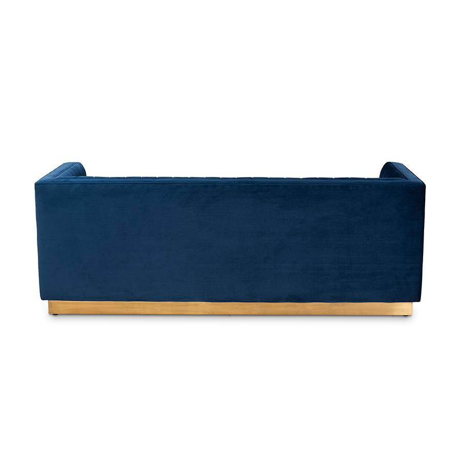 Vanderbilt Luxe Navy Blue Velvet Fabric Upholstered Brushed Gold Finished Sofa