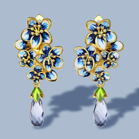 Water Drop Gem Flower Pastoral Style Sapphire Enamel Wedding Banquet Earrings Eardrops