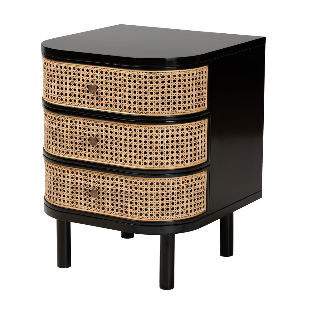 Bohemian Black Bayur Wood and Natural Rattan 3-Drawer End Table Nightstand