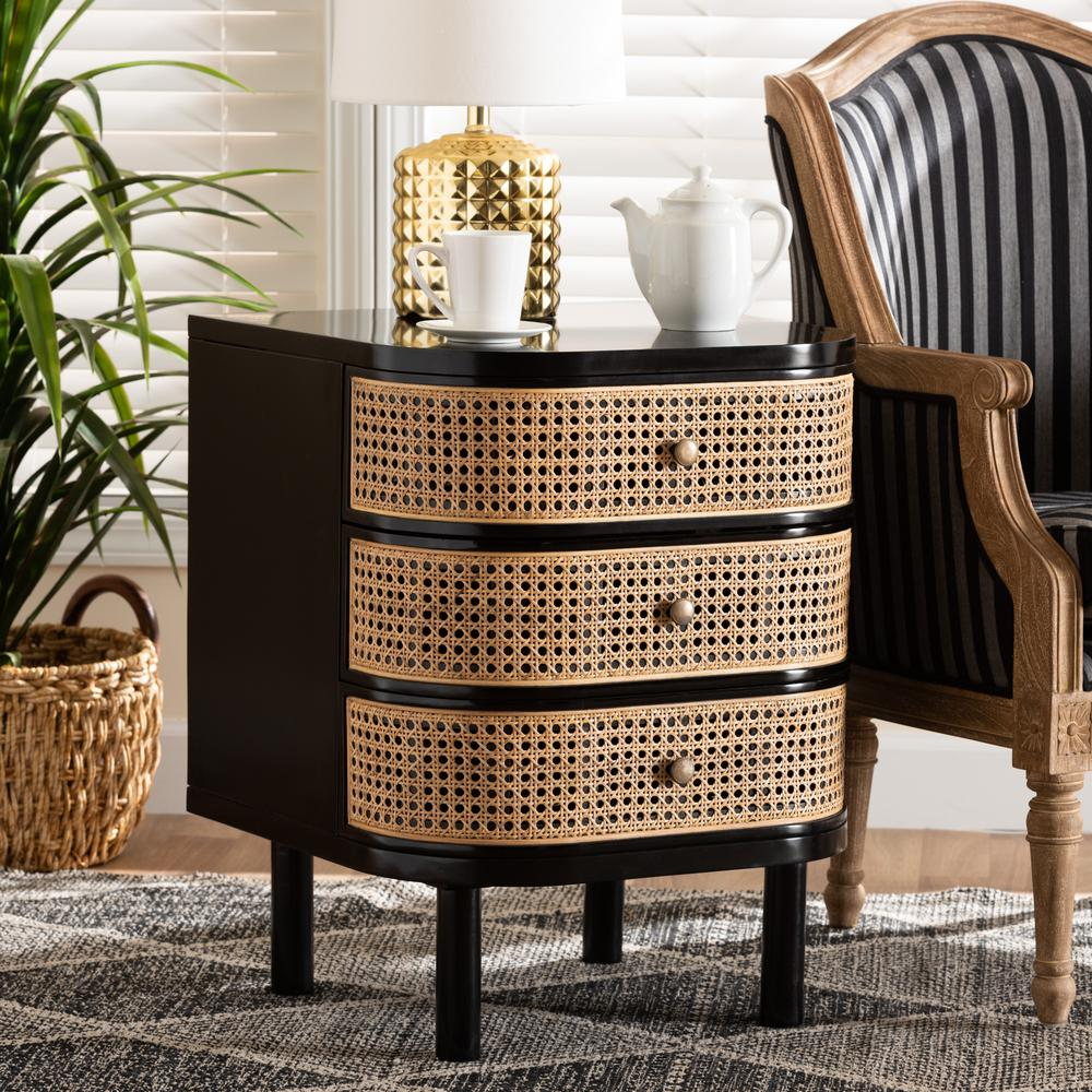 Bohemian Black Bayur Wood and Natural Rattan 3-Drawer End Table Nightstand