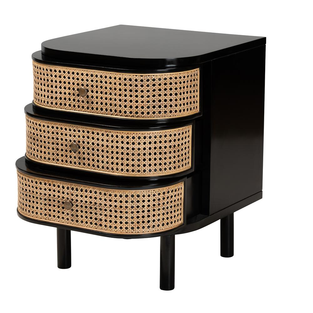 Bohemian Black Bayur Wood and Natural Rattan 3-Drawer End Table Nightstand